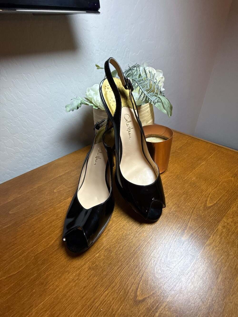 Cole Haan Slingback Heels Size 7.5B Black Patent Leather Peep Toe Shoes